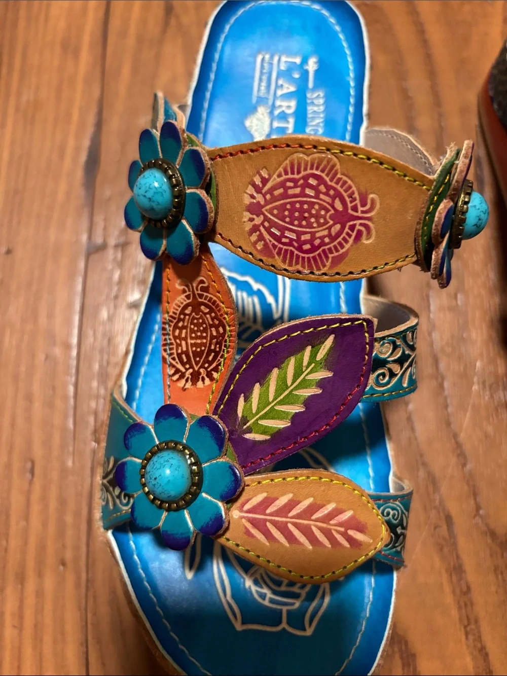 L'ATISTE Turquoise Blue Floral Leaf Leather Kids Sandals
